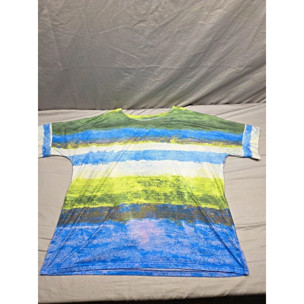 Mens Big & Tall 3XL Blue Green White Striped Crew Neck Short Sleeve T-Shirt